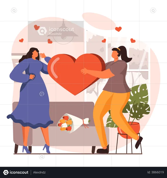 Lesbian giving heart on date  Illustration
