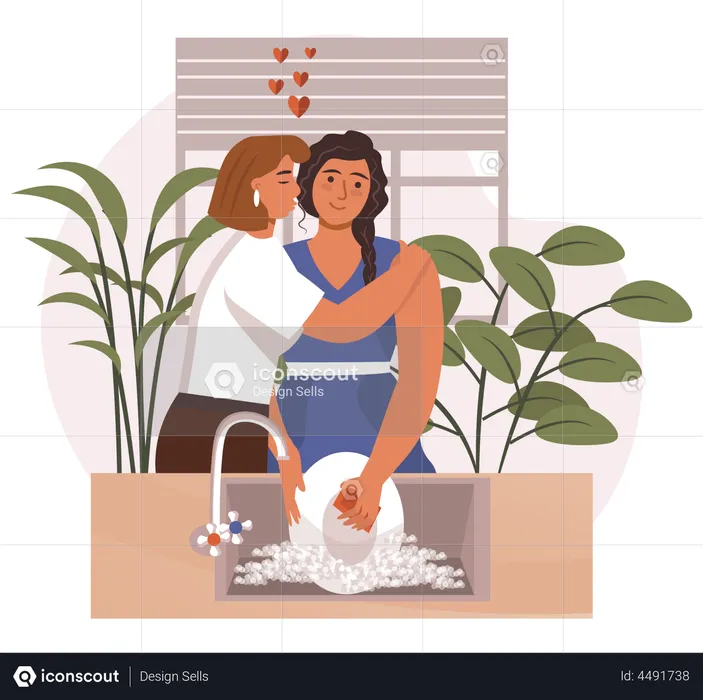 Lesbian helping partner in kitchen  Illustration