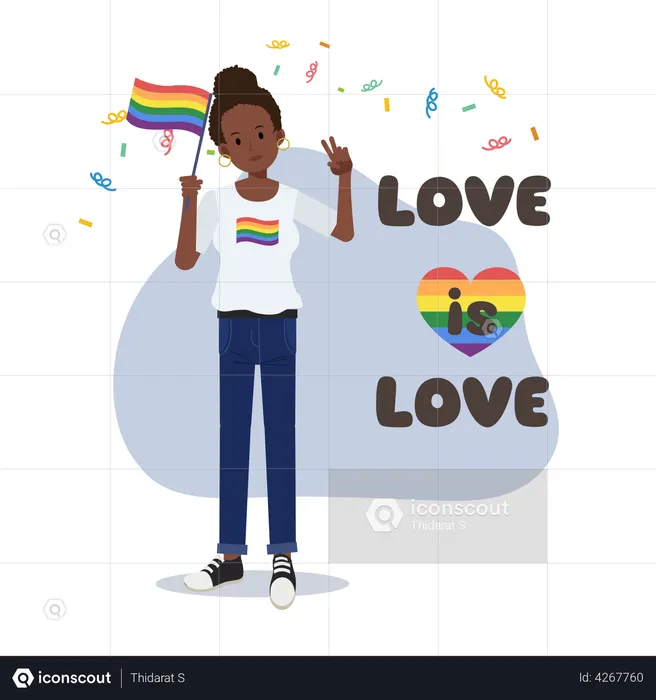 Lesbian Woman holding Rainbow flag  Illustration