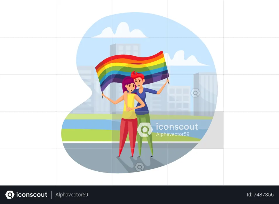 Lesbianas sosteniendo bandera LGBTQ  Ilustración