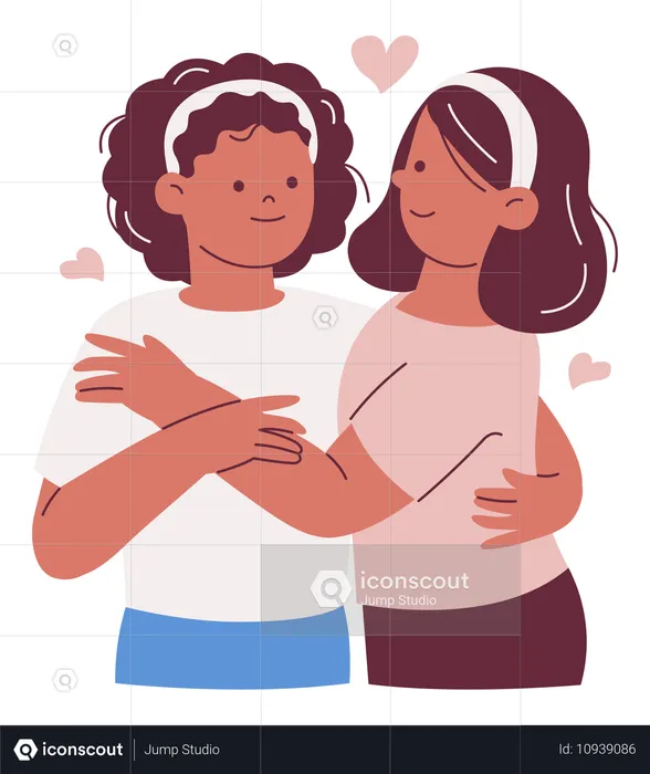 Lesbianas abrazándose con corazones  Ilustración