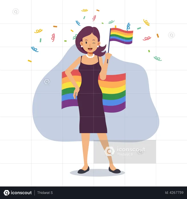 Mulher lésbica segurando bandeira LGBT  Ilustração