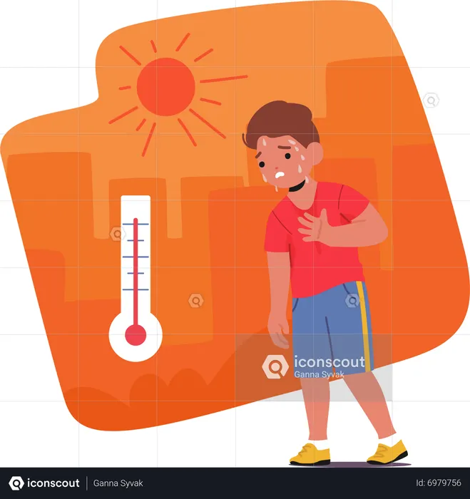 Lethargic boy struggling to cope with the scorching heat  Illustration
