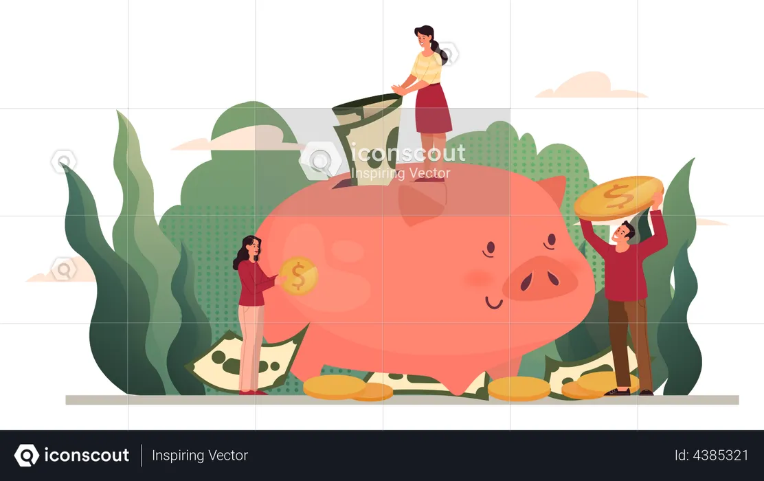 Menschen sparen Geld im Sparschwein  Illustration