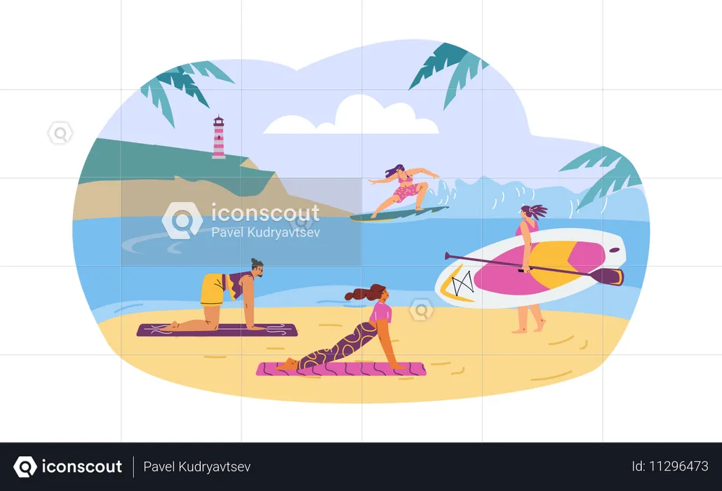 Menschen, die am Strand verschiedenen Aktivitäten nachgehen  Illustration