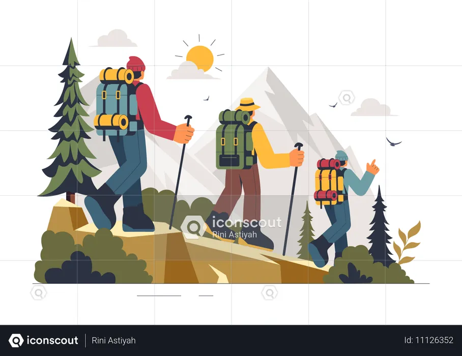 Die Leute gehen zum Bergcamping  Illustration