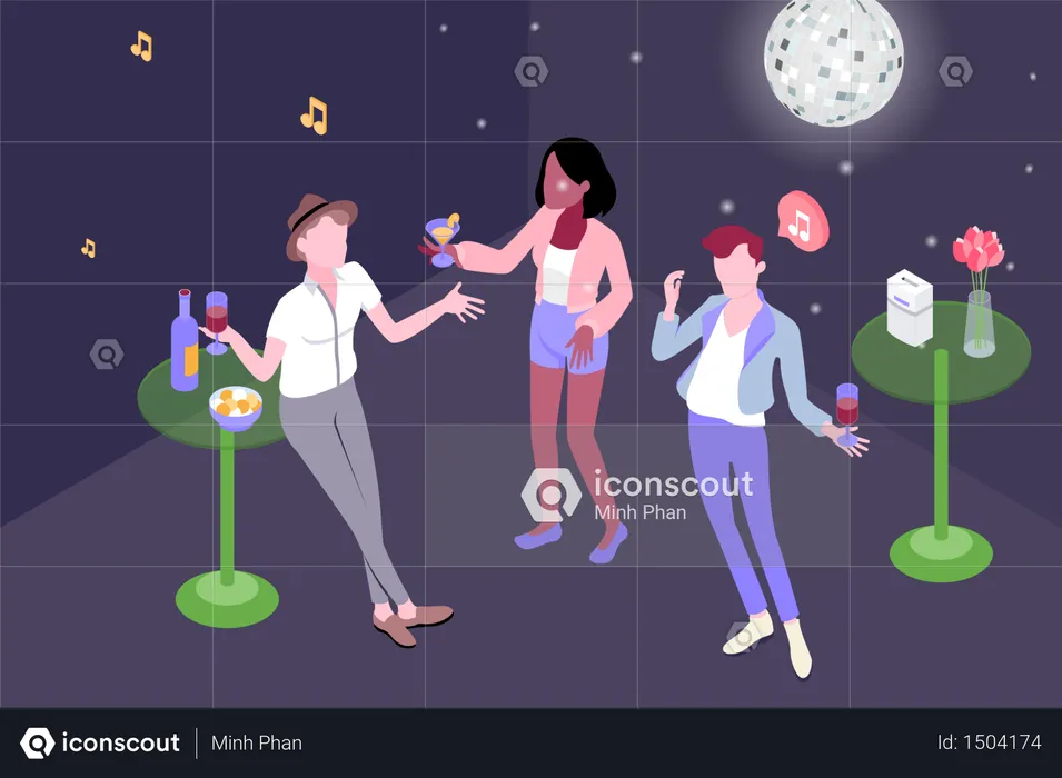 Die Leute genießen die Party mit Tanz und einem Drink in der Hand  Illustration