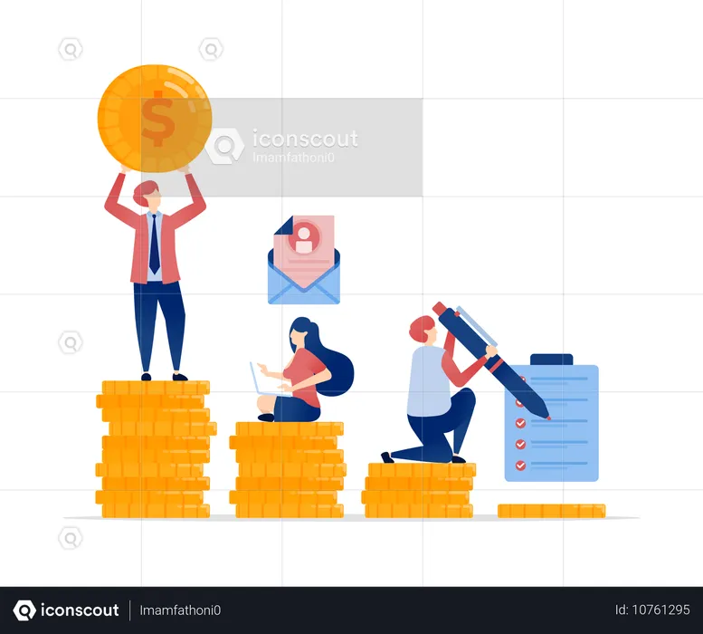 Menschen klettern auf Münzstapel, die finanzielles Wachstum darstellen  Illustration