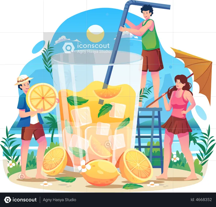 Menschen mit einem riesigen Cocktail Sommer trinken  Illustration