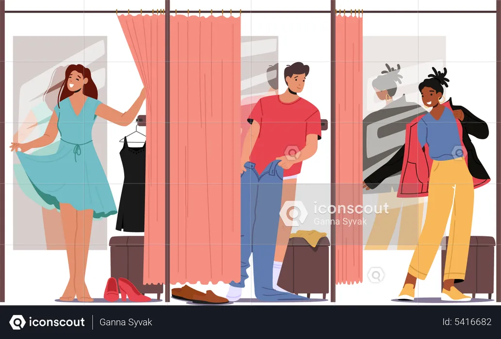 Menschen probieren Kleidung in Umkleidekabinen an  Illustration