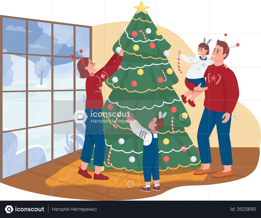 Menschen schmücken gemeinsam den Weihnachtsbaum  Illustration