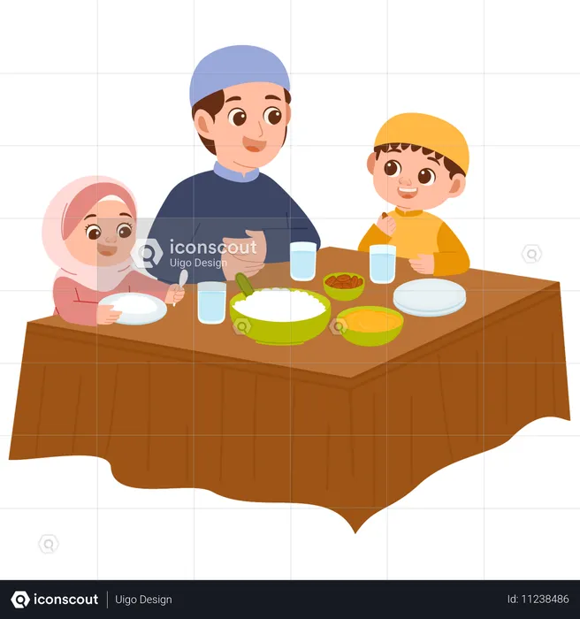 Während des Ramadan sitzen die Menschen zusammen zum Abendessen  Illustration