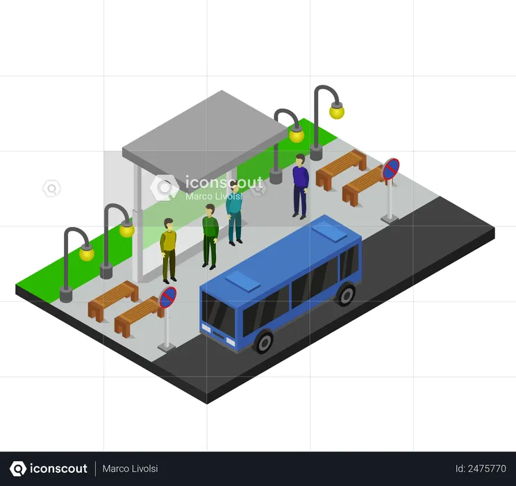 Leute stehen an Bushaltestelle  Illustration