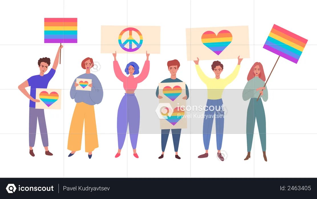 Lgbt community pride concept with people, men and women cartoon characters holding rainbow signs and flags  Illustration