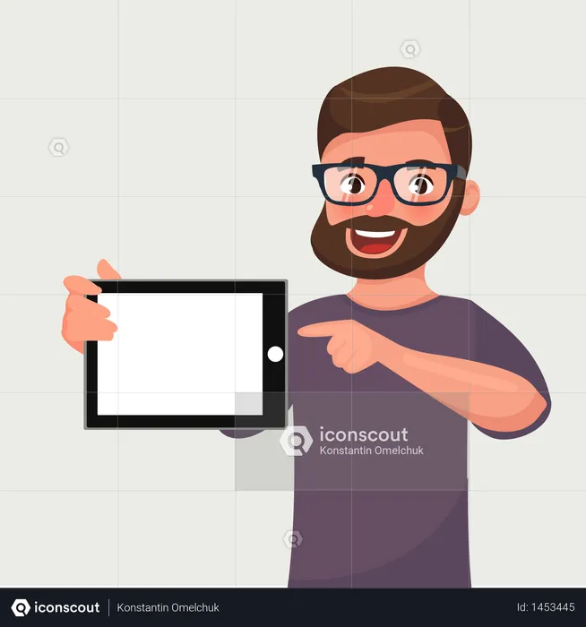 L'homme à lunettes avec barbe montre la tablette PC  Illustration