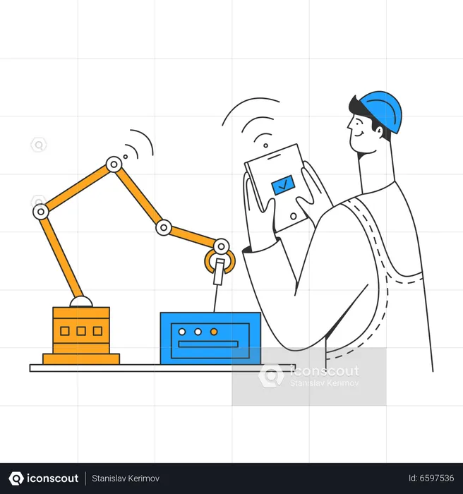 L'homme contrôle le bras robotique à l'aide de la télécommande  Illustration