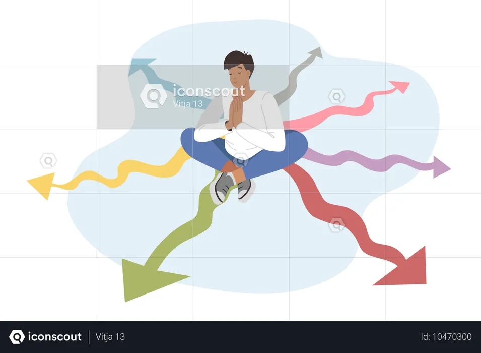 L'homme médite assis à un carrefour et réfléchit au chemin vers le développement et la croissance dans la bonne direction  Illustration