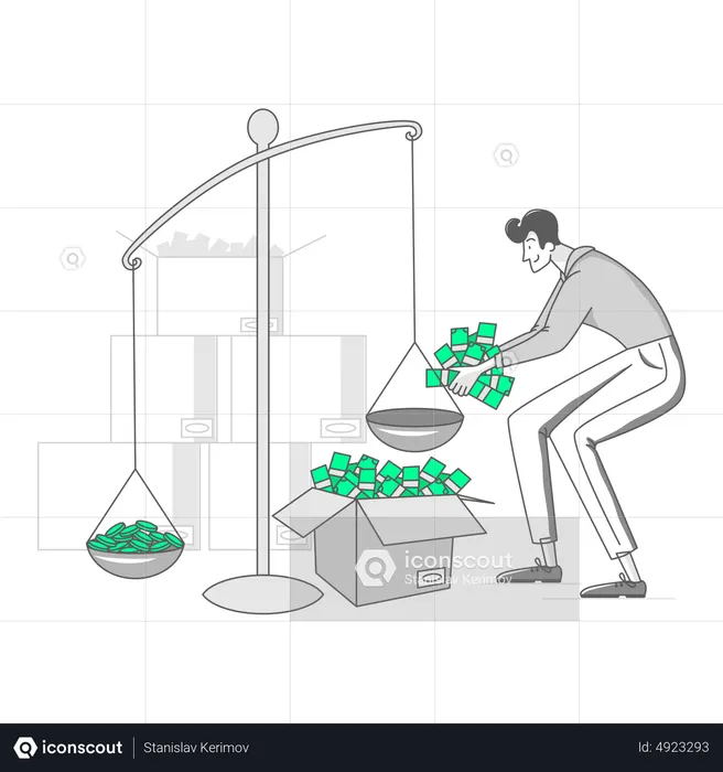 L'homme met de l'argent sur la balance  Illustration