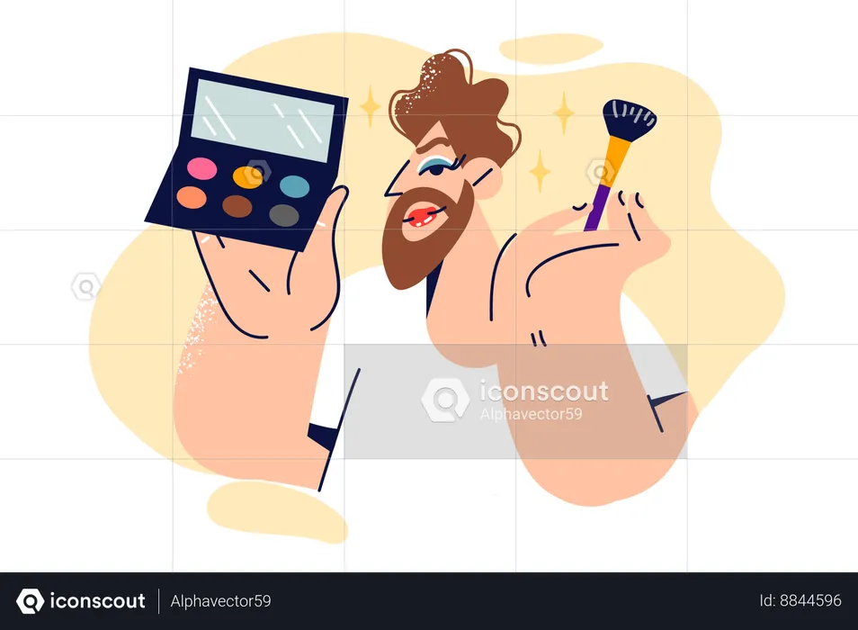 L'homme possède du maquillage et tient un pinceau avec de la poudre multicolore et un miroir  Illustration