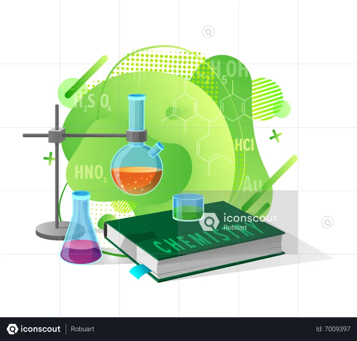Libro de química con experimentos científicos.  Ilustración