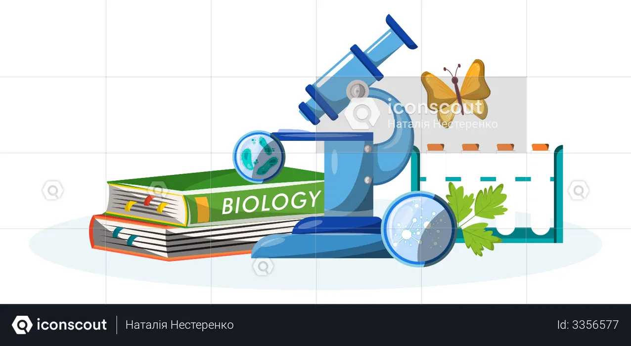 Libro y equipo de biología.  Ilustración