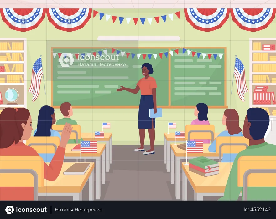 Lição de patriotismo na escola americana  Ilustração