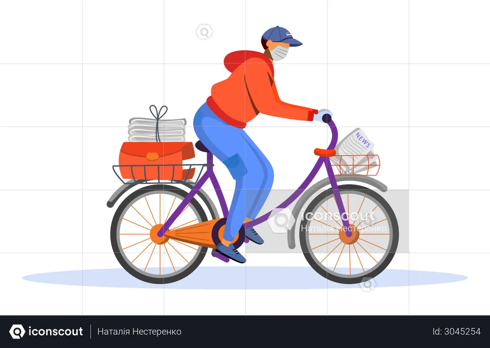 Lieferant fährt mit dem Fahrrad zur Zeitungsauslieferung  Illustration