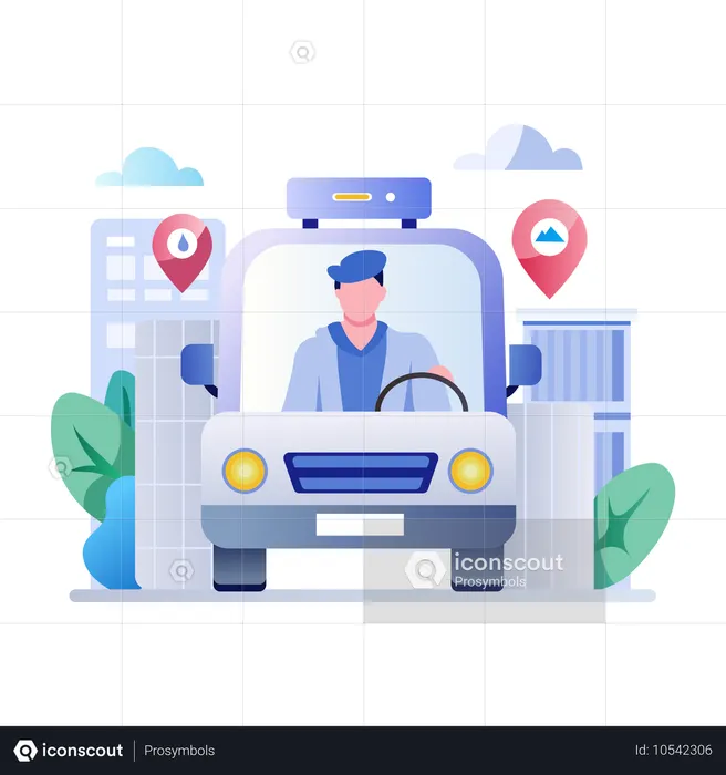Lieferfahrer im Auto während der Fahrt in Richtung Standort-Pin  Illustration
