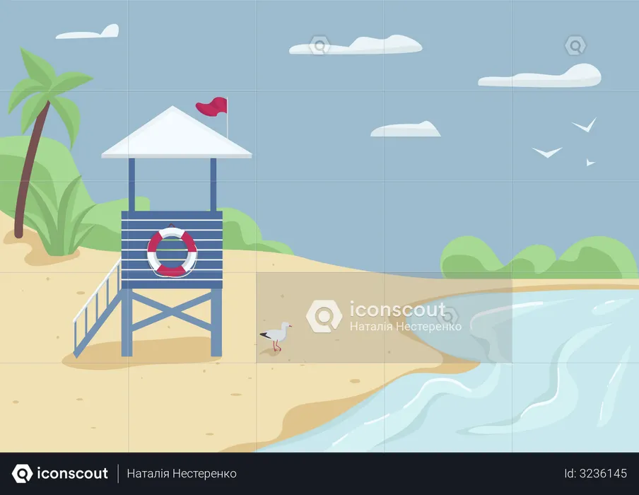 Lifeguard tower on sand beach  Illustration