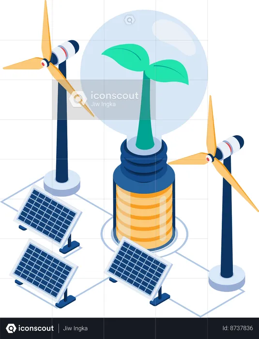 Light Bulb Powered by Solar Cell and Wind Turbine  Illustration