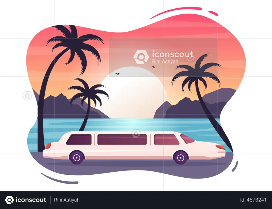 Limousine Car with Sunset  Illustration