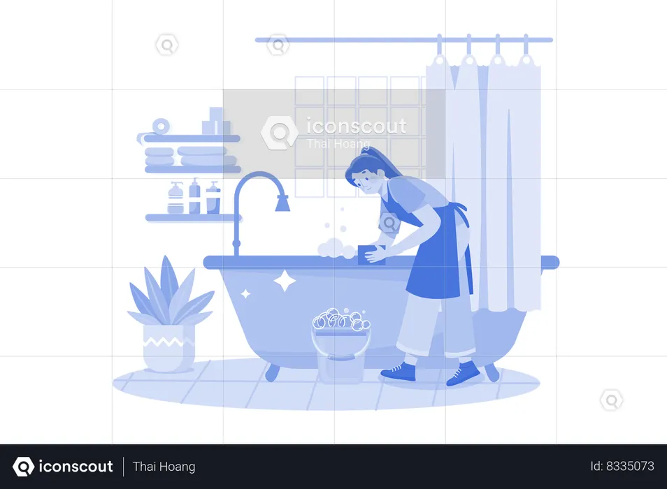 Mujer limpiadora limpiando la bañera  Ilustración