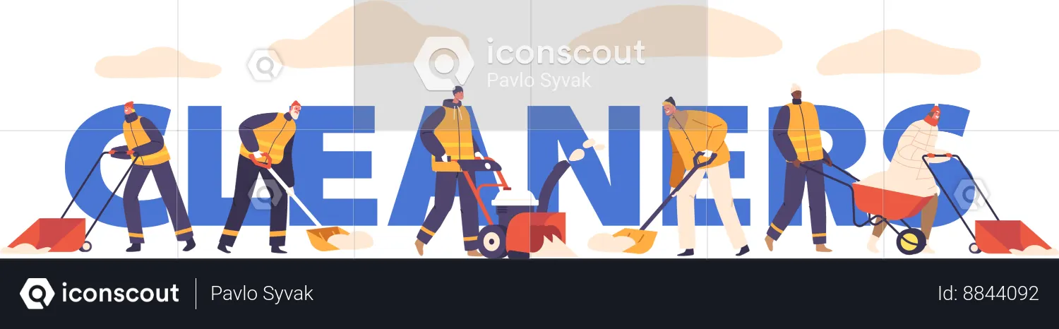 Limpiadores de nieve quitan la nieve de carreteras y aceras con una pala  Ilustración