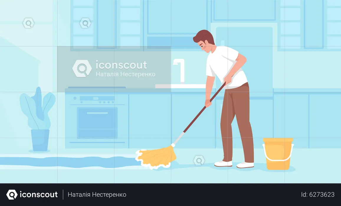 Limpiar el suelo de la cocina en casa  Ilustración