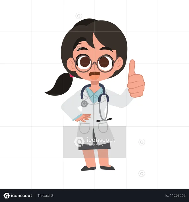 Linda caricatura de doctora que da pulgares hacia arriba por la excelencia médica y la positividad en la atención médica  Ilustración