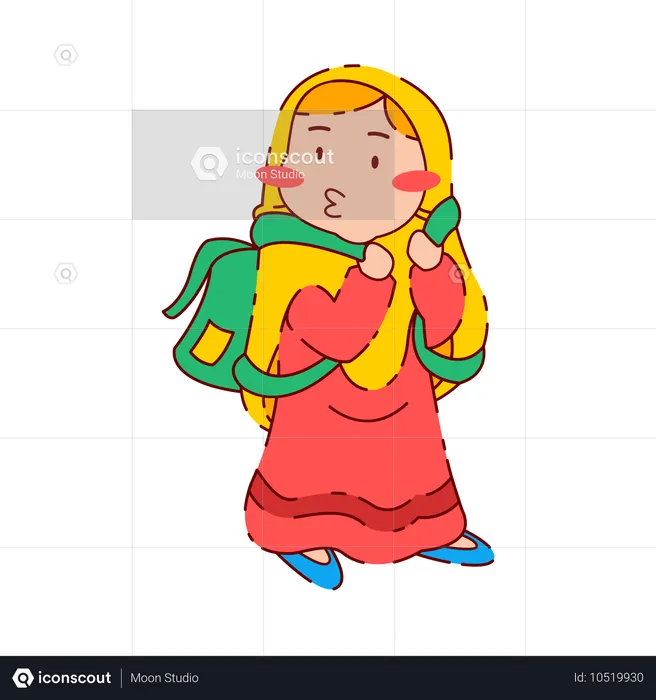 Linda garota muçulmana chibi carregando mochila escolar  Ilustração