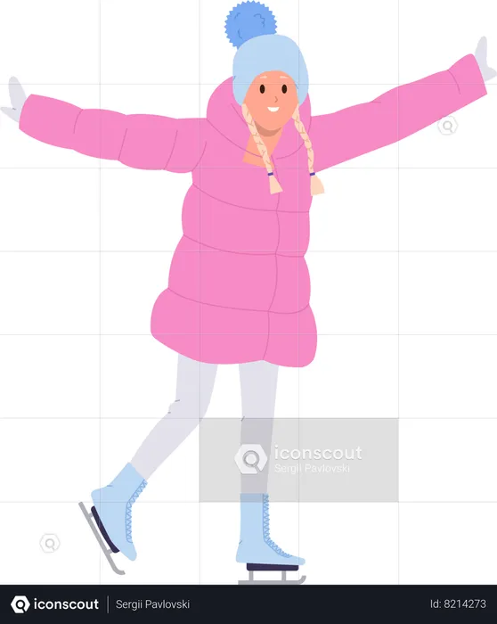 Linda chica disfrutando del patinaje sobre hielo en vacaciones de invierno  Ilustración