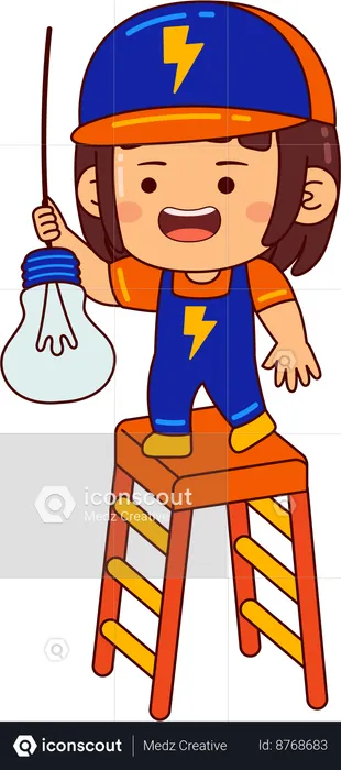 Linda chica electricista reparando bombilla  Ilustración