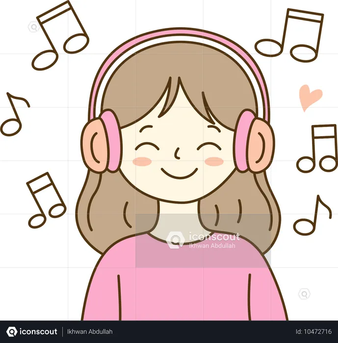 Linda chica escuchando música con auriculares  Ilustración