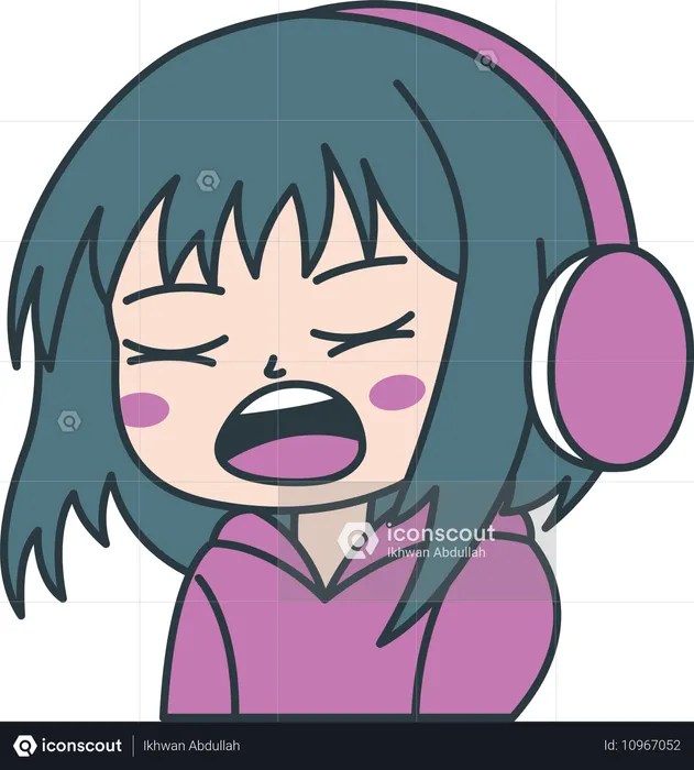 Linda chica gamer personaje de dibujos animados de anime usando auriculares mientras canta  Ilustración