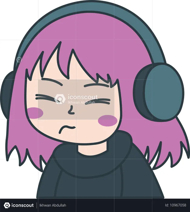 Linda chica gamer personaje de dibujos animados de anime con auriculares y expresión triste  Ilustración