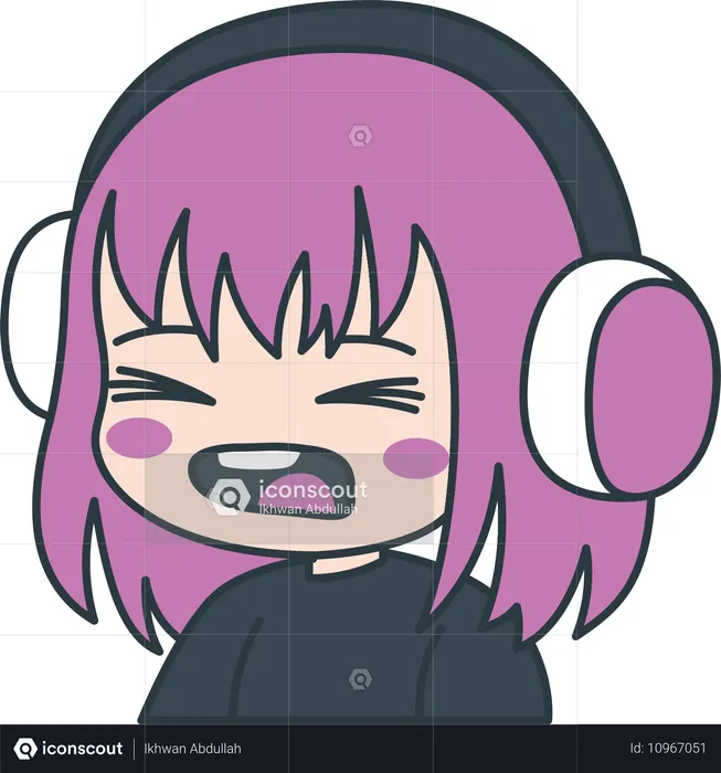 Linda chica gamer personaje de dibujos animados de anime usando auriculares mientras grita  Ilustración