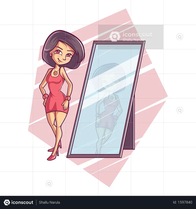 Linda chica mirándose en el espejo  Ilustración