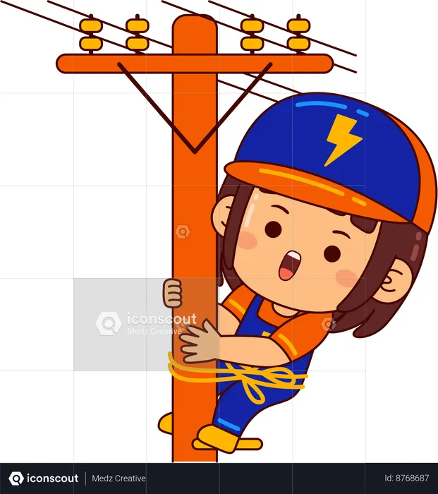 Linda garota eletricista no poste elétrico  Ilustração