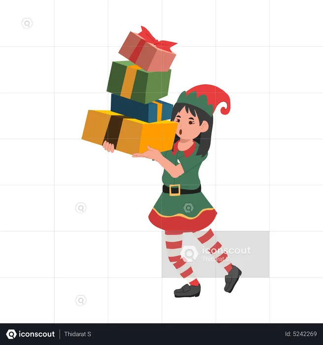 Linda elfa de natal com muitas caixas de presentes  Ilustração