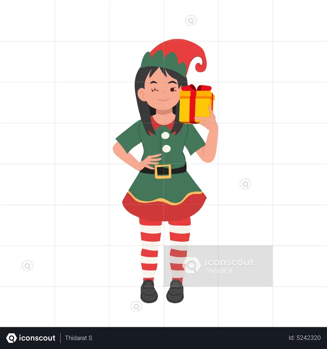 Linda joven duende navideño con caja de regalo  Ilustración