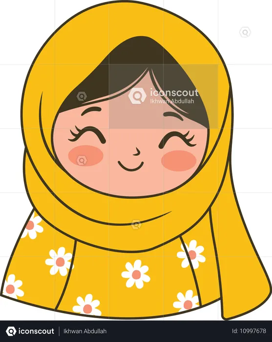 Linda garota muçulmana usando hijab amarelo enquanto sorri  Ilustração