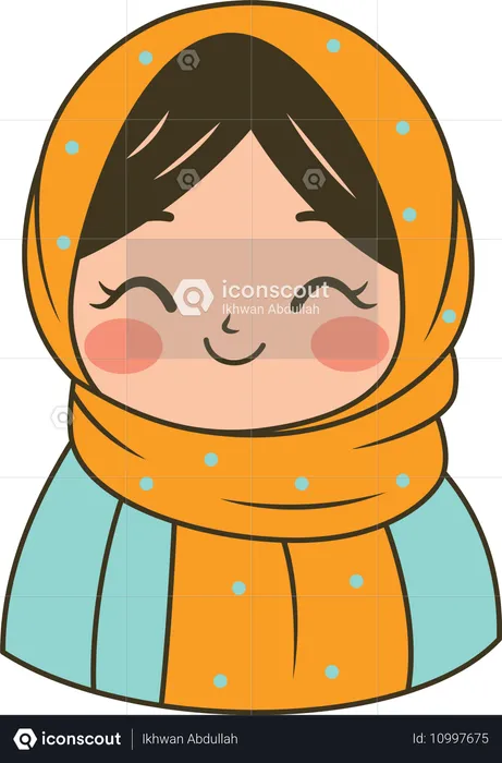 Linda garota muçulmana usando um hijab amarelo estampado enquanto sorri  Ilustração