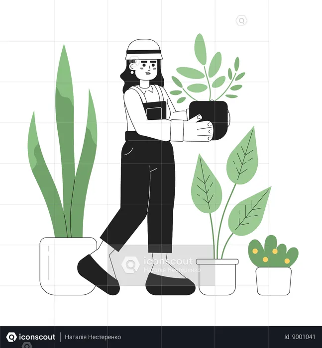 Mulher bonita segurando planta de casa  Ilustração