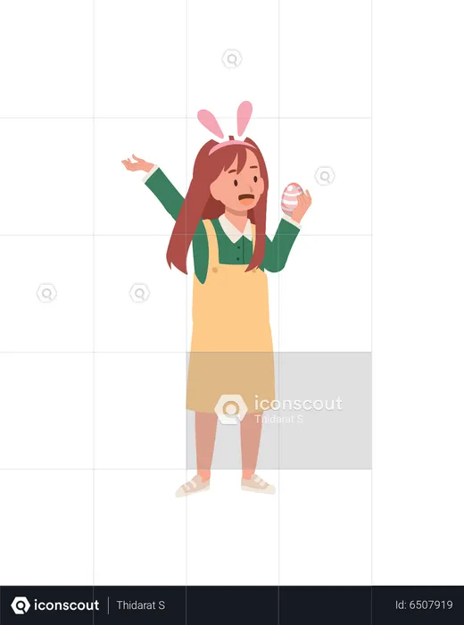 Linda chica con orejas de conejo está feliz de encontrar un huevo de Pascua  Ilustración